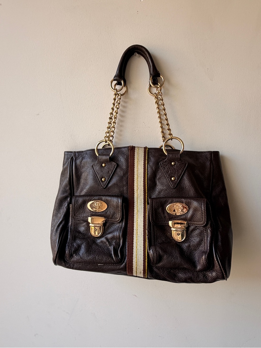Christine Price Dark Brown Leather Shoulder Tote with Gold Chain Handles